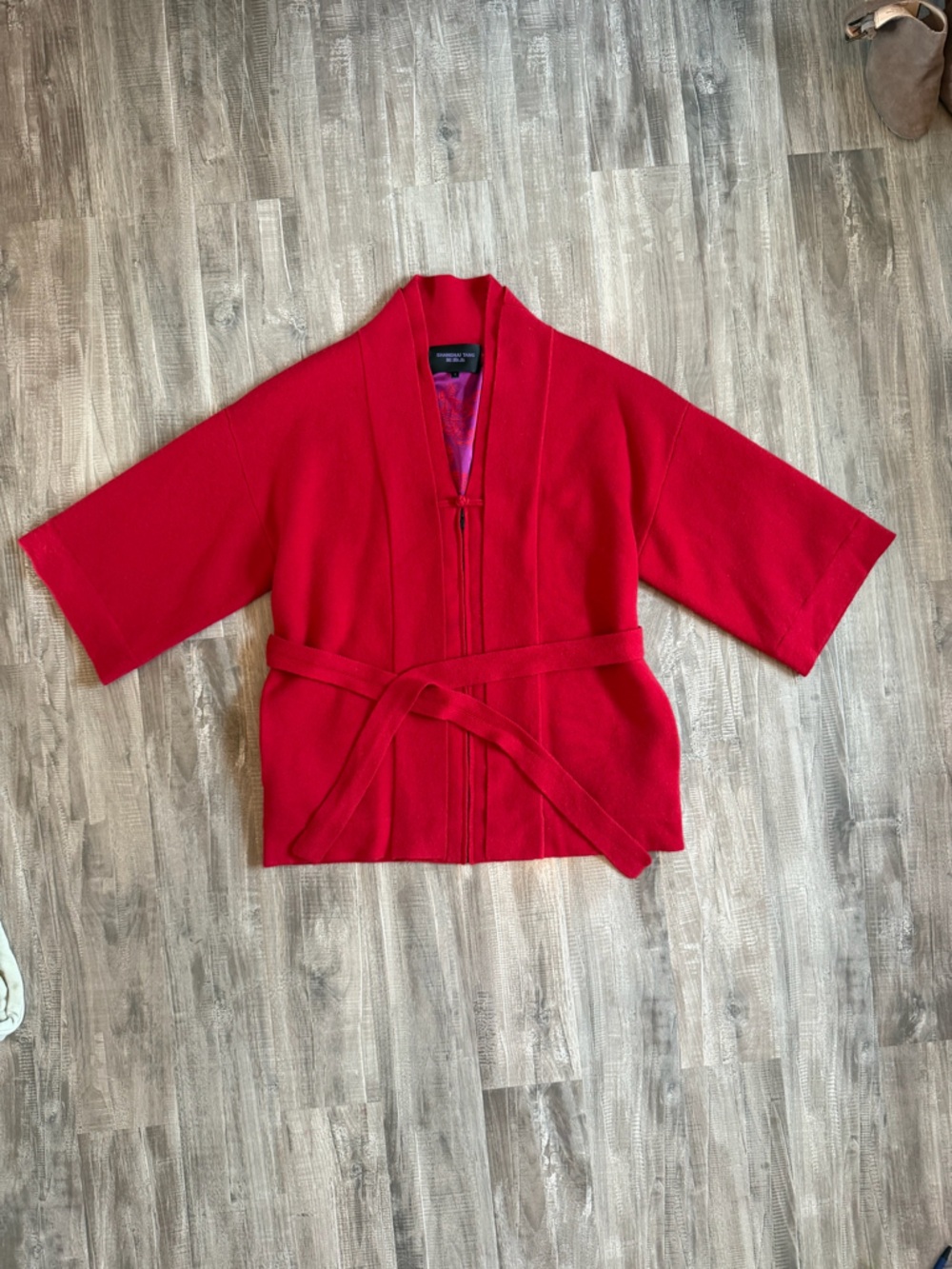 Shanghai Tang Red Wool Blend Belted Kimono Sweater - Picture 3 of 9